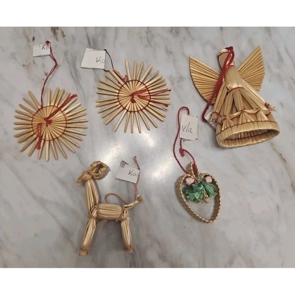 Straw Vintage Set Primitive Hand Made Ornament Christmas Stars & Angel Set Of 5